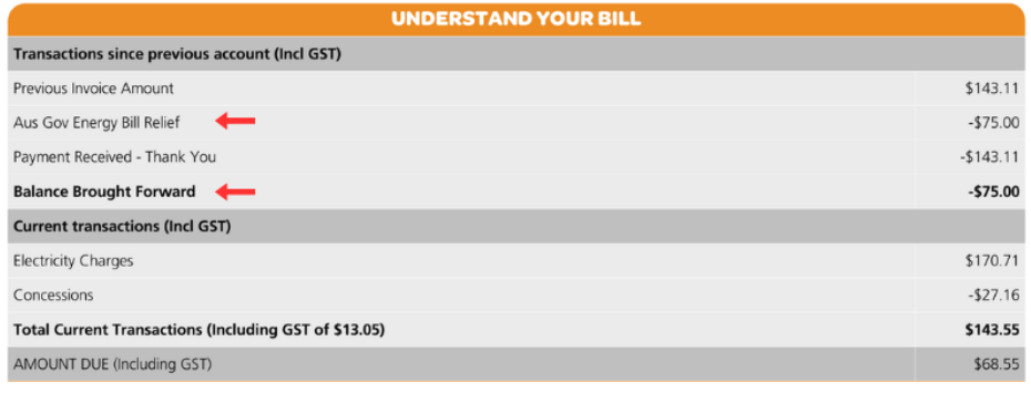 Example of energy bill relief credit on your bill